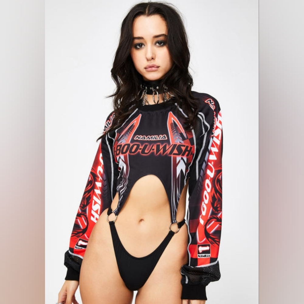 Namilia 1-800-U-WISH Red Racing Rave Bodysuit Size Large NWT